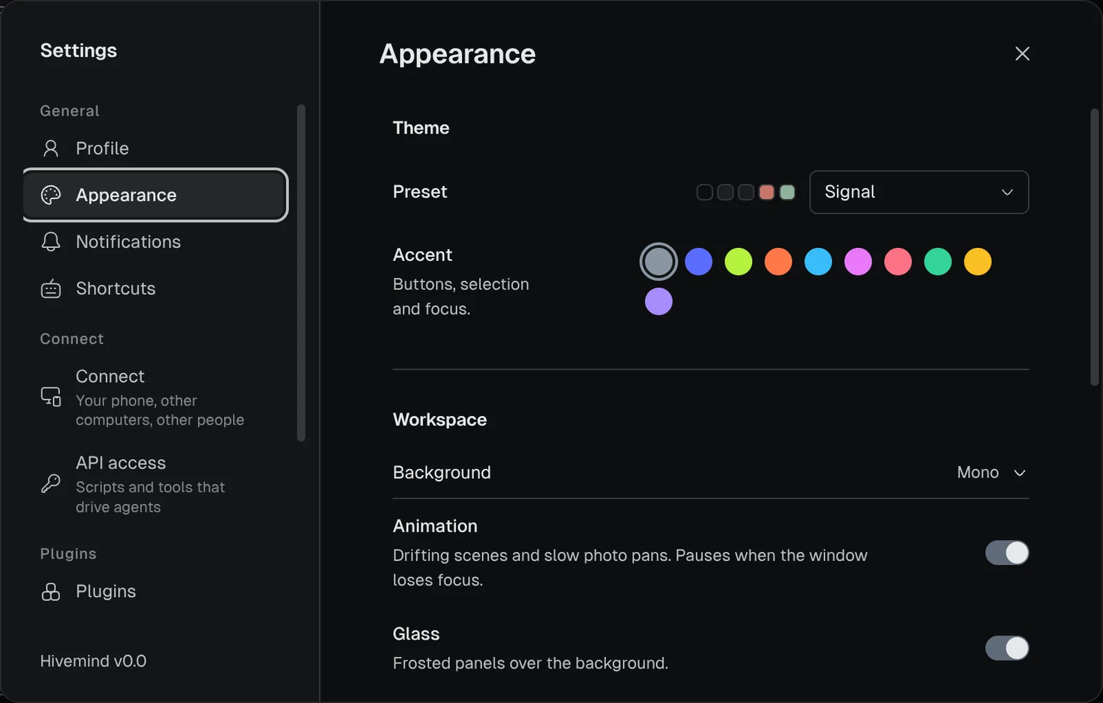 Settings → Appearance: the theme Preset and Accent colours, then the workspace Background, Animation and Glass.