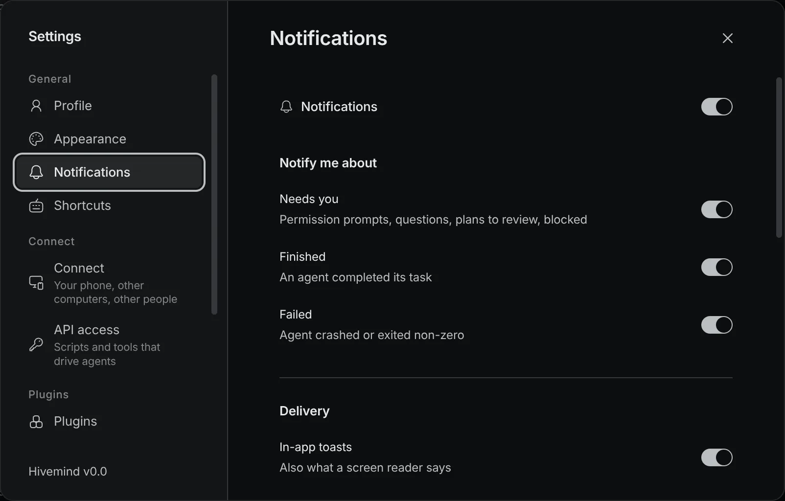 Settings → Notifications: the Notifications switch; under Notify me about, Needs you, Finished and Failed, each with its switch and what it covers; then Delivery, starting with In-app toasts.
