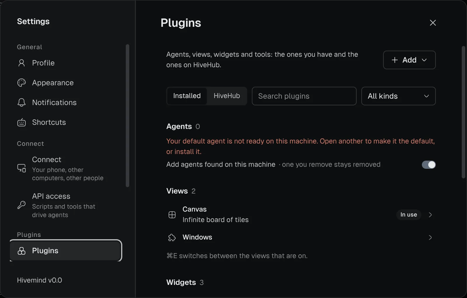 Settings → Plugins: the Installed and HiveHub tabs, a search box, and the installed agents, views and widgets, each with its count.