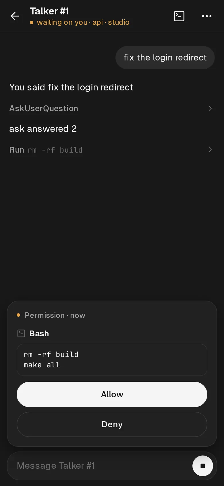 An agent asks to run a command; the phone shows Allow and Deny.