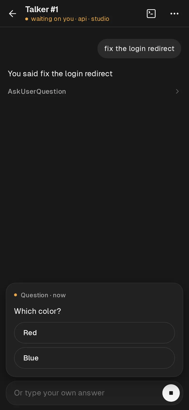 An agent asks a question; the phone shows the options to tap, and a box to type your own answer.